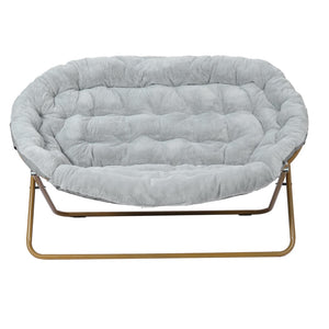 English Elm Eleanor 56" Oversized Portable Folding Double Saucer Chair in Plush Faux Fur for Ultimate Comfort Gray Fabric/Soft Gold Frame FV-FDS-001-GY-SGD-GG