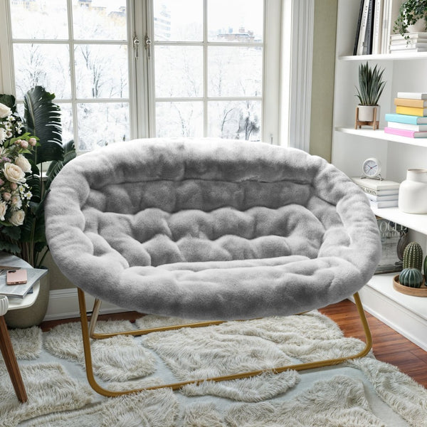 English Elm Eleanor 56" Oversized Portable Folding Double Saucer Chair in Plush Faux Fur for Ultimate Comfort Gray Fabric/Soft Gold Frame FV-FDS-001-GY-SGD-GG