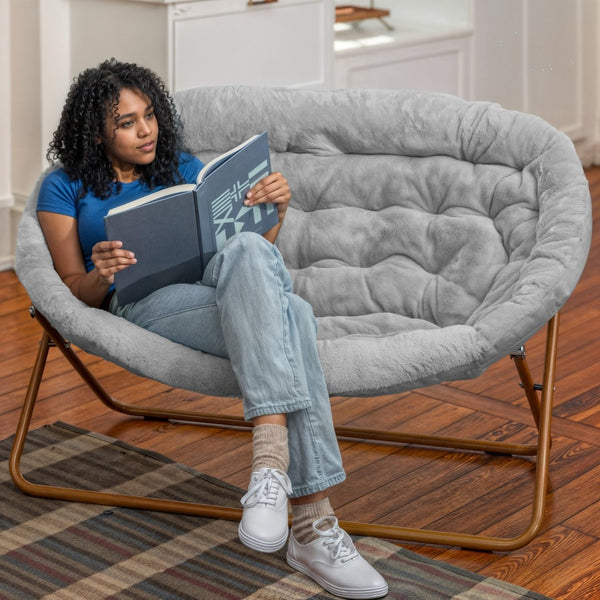 English Elm Eleanor 56" Oversized Portable Folding Double Saucer Chair in Plush Faux Fur for Ultimate Comfort Gray Fabric/Soft Gold Frame FV-FDS-001-GY-SGD-GG