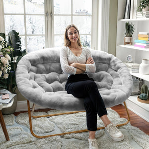 English Elm Eleanor 56" Oversized Portable Folding Double Saucer Chair in Plush Faux Fur for Ultimate Comfort Gray Fabric/Soft Gold Frame FV-FDS-001-GY-SGD-GG