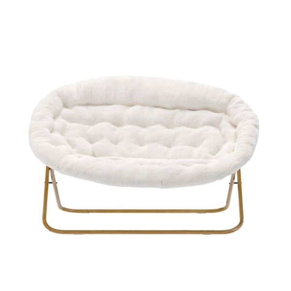 English Elm Eleanor 56" Oversized Portable Folding Double Saucer Chair in Plush Faux Fur for Ultimate Comfort Ivory Faux Shearling Fabric/Soft Gold Frame FV-FDS-001-IV-SGD-GG