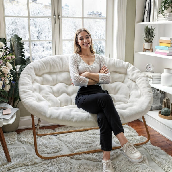 English Elm Eleanor 56" Oversized Portable Folding Double Saucer Chair in Plush Faux Fur for Ultimate Comfort Ivory Faux Shearling Fabric/Soft Gold Frame FV-FDS-001-IV-SGD-GG