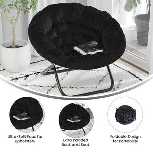 English Elm Gwen 38" Oversize Portable Faux Fur Saucer Chair for Cozy Lounging, Gaming, and Relaxing Anywhere Black Faux Fur/Black Frame FV-FMC-025-BK-BK-GG