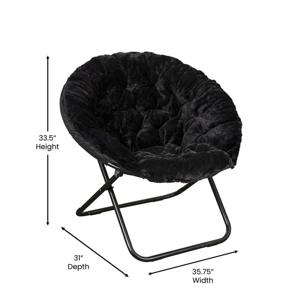 English Elm Gwen 38" Oversize Portable Faux Fur Saucer Chair for Cozy Lounging, Gaming, and Relaxing Anywhere Black Faux Fur/Black Frame FV-FMC-025-BK-BK-GG