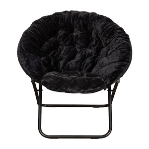 English Elm Gwen 38" Oversize Portable Faux Fur Saucer Chair for Cozy Lounging, Gaming, and Relaxing Anywhere Black Faux Fur/Black Frame FV-FMC-025-BK-BK-GG