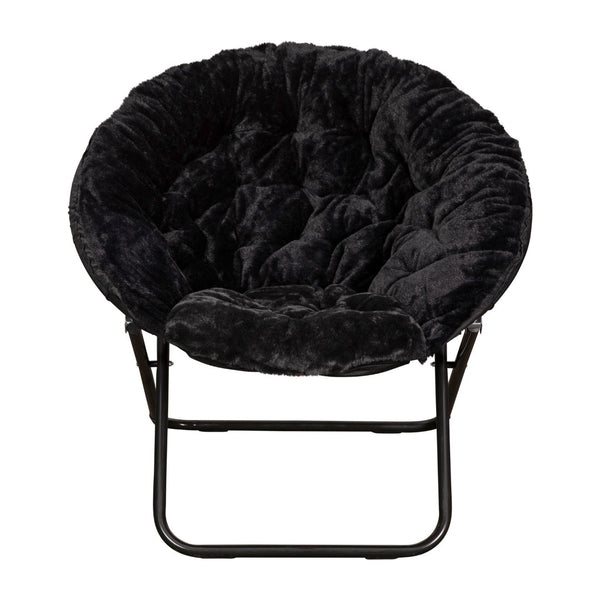 English Elm Gwen 38" Oversize Portable Faux Fur Saucer Chair for Cozy Lounging, Gaming, and Relaxing Anywhere Black Faux Fur/Black Frame FV-FMC-025-BK-BK-GG