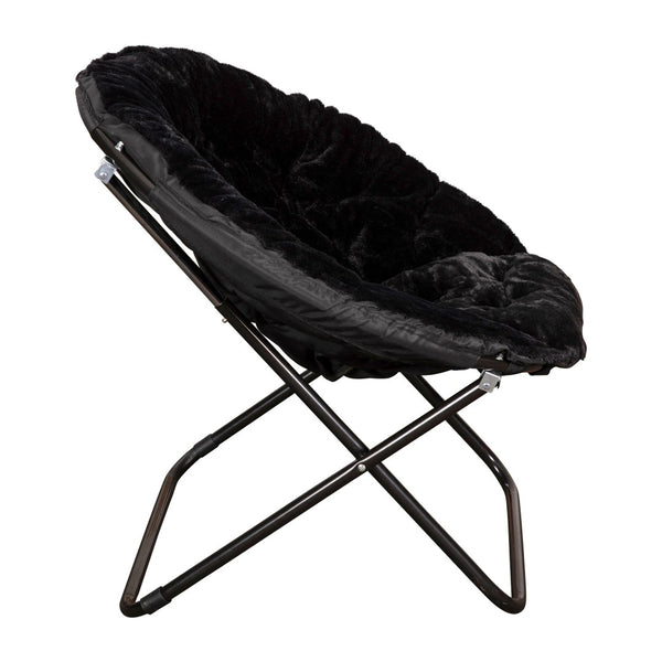 English Elm Gwen 38" Oversize Portable Faux Fur Saucer Chair for Cozy Lounging, Gaming, and Relaxing Anywhere Black Faux Fur/Black Frame FV-FMC-025-BK-BK-GG