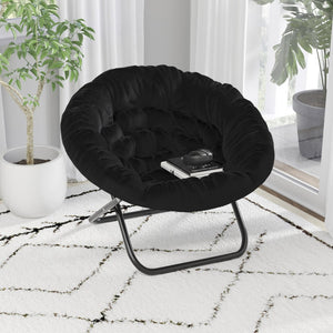 English Elm Gwen 38" Oversize Portable Faux Fur Saucer Chair for Cozy Lounging, Gaming, and Relaxing Anywhere Black Faux Fur/Black Frame FV-FMC-025-BK-BK-GG