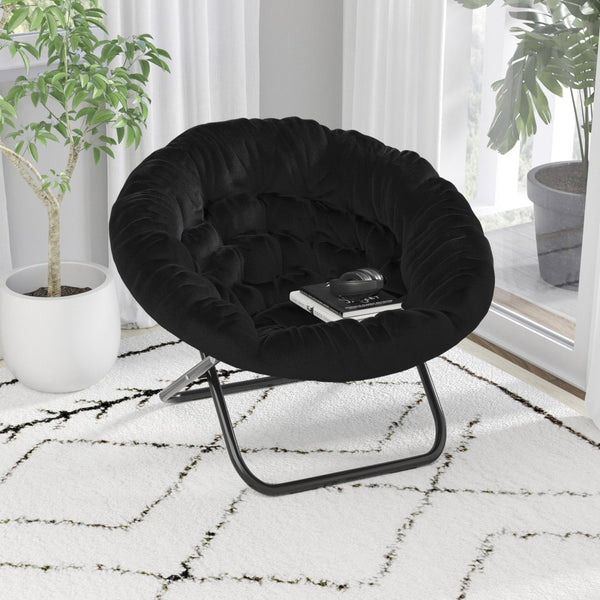English Elm Gwen 38" Oversize Portable Faux Fur Saucer Chair for Cozy Lounging, Gaming, and Relaxing Anywhere Black Faux Fur/Black Frame FV-FMC-025-BK-BK-GG