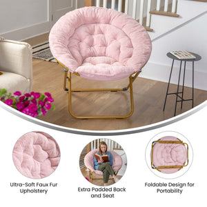 English Elm Gwen 38" Oversize Portable Faux Fur Saucer Chair for Cozy Lounging, Gaming, and Relaxing Anywhere Blush Faux Fur/Soft Gold Frame FV-FMC-025-BL-SGD-GG