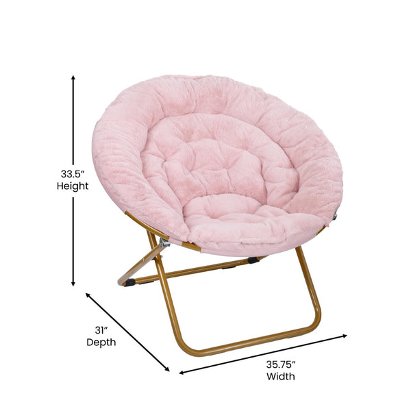 English Elm Gwen 38" Oversize Portable Faux Fur Saucer Chair for Cozy Lounging, Gaming, and Relaxing Anywhere Blush Faux Fur/Soft Gold Frame FV-FMC-025-BL-SGD-GG