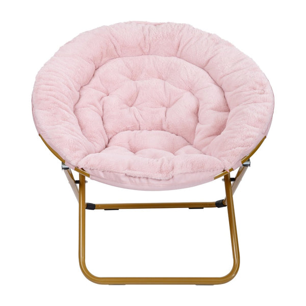 English Elm Gwen 38" Oversize Portable Faux Fur Saucer Chair for Cozy Lounging, Gaming, and Relaxing Anywhere Blush Faux Fur/Soft Gold Frame FV-FMC-025-BL-SGD-GG