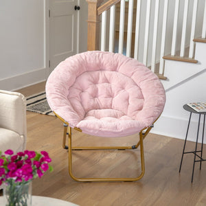 English Elm Gwen 38" Oversize Portable Faux Fur Saucer Chair for Cozy Lounging, Gaming, and Relaxing Anywhere Blush Faux Fur/Soft Gold Frame FV-FMC-025-BL-SGD-GG
