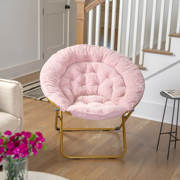 English Elm Gwen 38" Oversize Portable Faux Fur Saucer Chair for Cozy Lounging, Gaming, and Relaxing Anywhere Blush Faux Fur/Soft Gold Frame FV-FMC-025-BL-SGD-GG