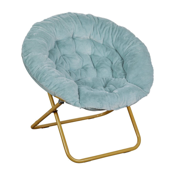 English Elm Gwen 38" Oversize Portable Faux Fur Saucer Chair for Cozy Lounging, Gaming, and Relaxing Anywhere Dusty Aqua Faux Fur/Soft Gold Frame FV-FMC-025-DTAQ-SGD-GG