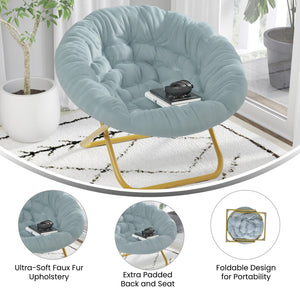 English Elm Gwen 38" Oversize Portable Faux Fur Saucer Chair for Cozy Lounging, Gaming, and Relaxing Anywhere Dusty Aqua Faux Fur/Soft Gold Frame FV-FMC-025-DTAQ-SGD-GG