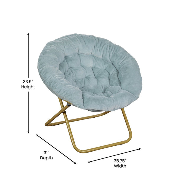 English Elm Gwen 38" Oversize Portable Faux Fur Saucer Chair for Cozy Lounging, Gaming, and Relaxing Anywhere Dusty Aqua Faux Fur/Soft Gold Frame FV-FMC-025-DTAQ-SGD-GG