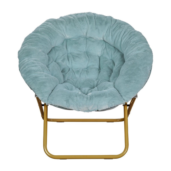 English Elm Gwen 38" Oversize Portable Faux Fur Saucer Chair for Cozy Lounging, Gaming, and Relaxing Anywhere Dusty Aqua Faux Fur/Soft Gold Frame FV-FMC-025-DTAQ-SGD-GG