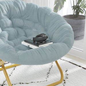 English Elm Gwen 38" Oversize Portable Faux Fur Saucer Chair for Cozy Lounging, Gaming, and Relaxing Anywhere Dusty Aqua Faux Fur/Soft Gold Frame FV-FMC-025-DTAQ-SGD-GG