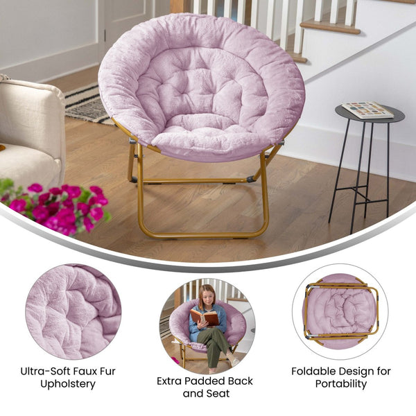 English Elm Gwen 38" Oversize Portable Faux Fur Saucer Chair for Cozy Lounging, Gaming, and Relaxing Anywhere Dusty Purple Fabric/ Soft Gold Frame FV-FMC-025-DTPRP-SGD-GG