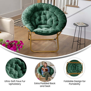 English Elm Gwen 38" Oversize Portable Faux Fur Saucer Chair for Cozy Lounging, Gaming, and Relaxing Anywhere Emerald Fabric/ Soft Gold Frame FV-FMC-025-EMRLD-SGD-GG