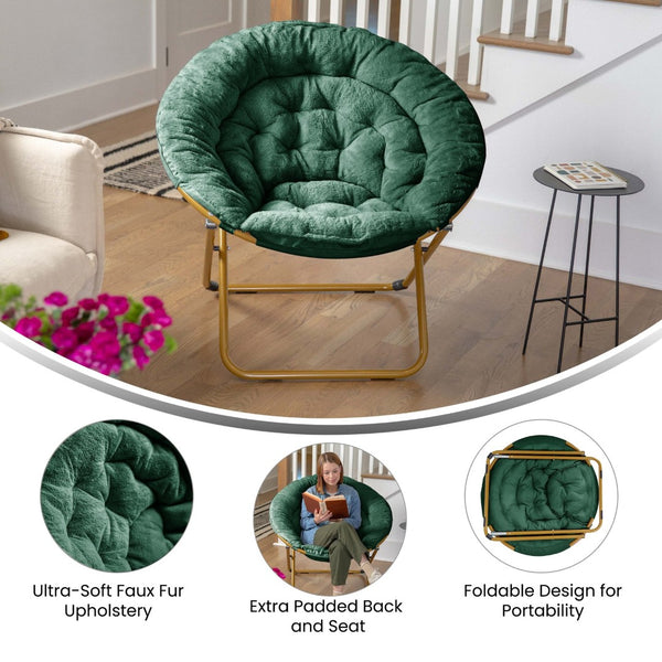 English Elm Gwen 38" Oversize Portable Faux Fur Saucer Chair for Cozy Lounging, Gaming, and Relaxing Anywhere Emerald Fabric/ Soft Gold Frame FV-FMC-025-EMRLD-SGD-GG