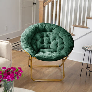 English Elm Gwen 38" Oversize Portable Faux Fur Saucer Chair for Cozy Lounging, Gaming, and Relaxing Anywhere Emerald Fabric/ Soft Gold Frame FV-FMC-025-EMRLD-SGD-GG