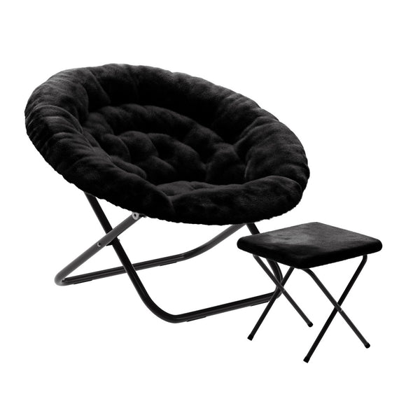 English Elm Gwen Oversize Portable Faux Fur Moon Chair Set with Folding Ottoman for Ultimate Comfort & Style Black Fabric/Black Frame FV-FMC-025-FR-BK-BK-GG