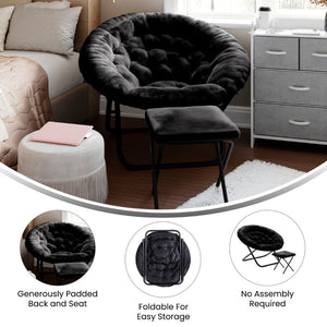 English Elm Gwen Oversize Portable Faux Fur Moon Chair Set with Folding Ottoman for Ultimate Comfort & Style Black Fabric/Black Frame FV-FMC-025-FR-BK-BK-GG