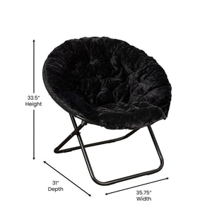English Elm Gwen Oversize Portable Faux Fur Moon Chair Set with Folding Ottoman for Ultimate Comfort & Style Black Fabric/Black Frame FV-FMC-025-FR-BK-BK-GG