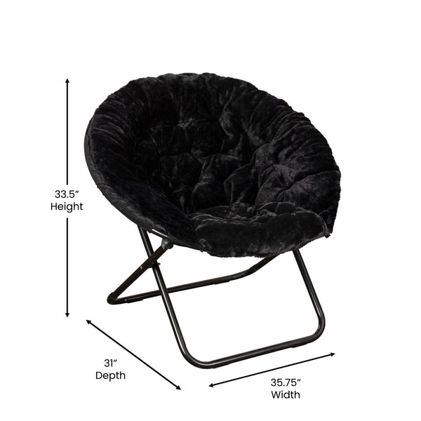 English Elm Gwen Oversize Portable Faux Fur Moon Chair Set with Folding Ottoman for Ultimate Comfort & Style Black Fabric/Black Frame FV-FMC-025-FR-BK-BK-GG