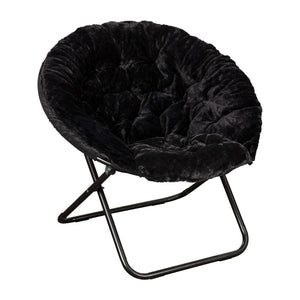 English Elm Gwen Oversize Portable Faux Fur Moon Chair Set with Folding Ottoman for Ultimate Comfort & Style Black Fabric/Black Frame FV-FMC-025-FR-BK-BK-GG