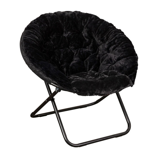 English Elm Gwen Oversize Portable Faux Fur Moon Chair Set with Folding Ottoman for Ultimate Comfort & Style Black Fabric/Black Frame FV-FMC-025-FR-BK-BK-GG