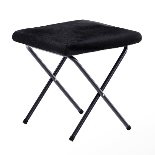 English Elm Gwen Oversize Portable Faux Fur Moon Chair Set with Folding Ottoman for Ultimate Comfort & Style Black Fabric/Black Frame FV-FMC-025-FR-BK-BK-GG