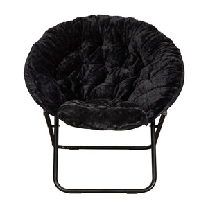 English Elm Gwen Oversize Portable Faux Fur Moon Chair Set with Folding Ottoman for Ultimate Comfort & Style Black Fabric/Black Frame FV-FMC-025-FR-BK-BK-GG