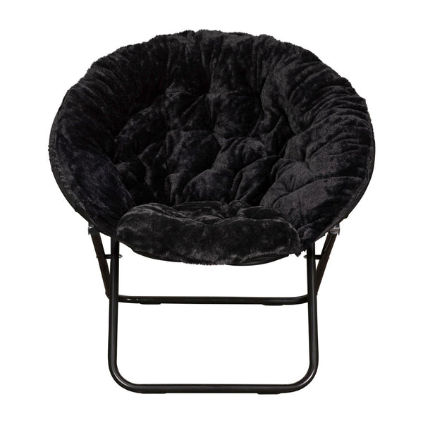 English Elm Gwen Oversize Portable Faux Fur Moon Chair Set with Folding Ottoman for Ultimate Comfort & Style Black Fabric/Black Frame FV-FMC-025-FR-BK-BK-GG