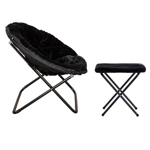 English Elm Gwen Oversize Portable Faux Fur Moon Chair Set with Folding Ottoman for Ultimate Comfort & Style Black Fabric/Black Frame FV-FMC-025-FR-BK-BK-GG