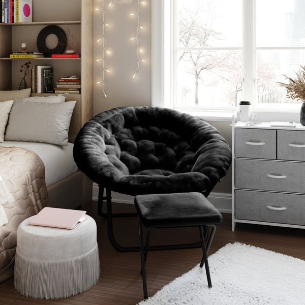 English Elm Gwen Oversize Portable Faux Fur Moon Chair Set with Folding Ottoman for Ultimate Comfort & Style Black Fabric/Black Frame FV-FMC-025-FR-BK-BK-GG