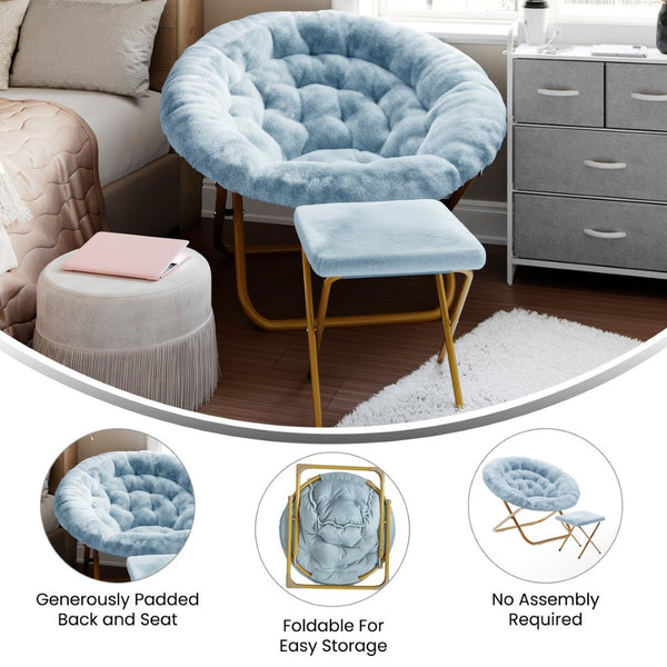 English Elm Gwen Oversize Portable Faux Fur Moon Chair Set with Folding Ottoman for Ultimate Comfort & Style Aqua Fabric/Soft Gold Frame FV-FMC-025-FR-DTAQ-SGD-GG