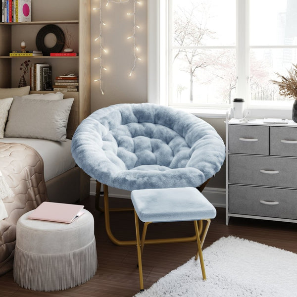 English Elm Gwen Oversize Portable Faux Fur Moon Chair Set with Folding Ottoman for Ultimate Comfort & Style Aqua Fabric/Soft Gold Frame FV-FMC-025-FR-DTAQ-SGD-GG