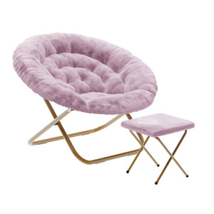 English Elm Gwen Oversize Portable Faux Fur Moon Chair Set with Folding Ottoman for Ultimate Comfort & Style Dusty Purple Fabric/Soft Gold Frame FV-FMC-025-FR-DTPRP-SGD-GG