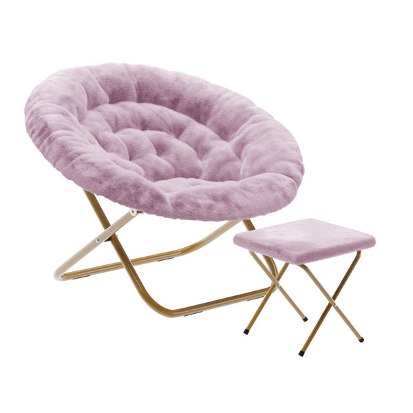 English Elm Gwen Oversize Portable Faux Fur Moon Chair Set with Folding Ottoman for Ultimate Comfort & Style Dusty Purple Fabric/Soft Gold Frame FV-FMC-025-FR-DTPRP-SGD-GG
