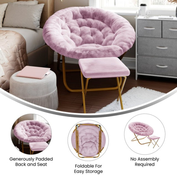 English Elm Gwen Oversize Portable Faux Fur Moon Chair Set with Folding Ottoman for Ultimate Comfort & Style Dusty Purple Fabric/Soft Gold Frame FV-FMC-025-FR-DTPRP-SGD-GG