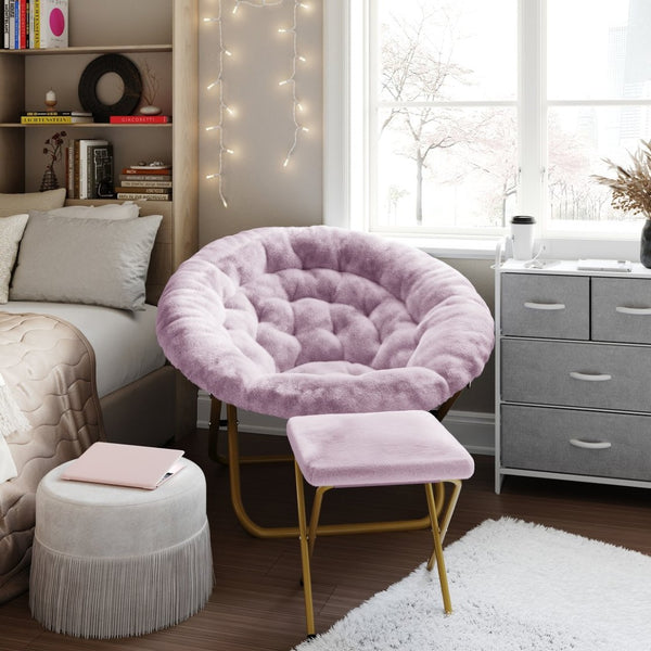 English Elm Gwen Oversize Portable Faux Fur Moon Chair Set with Folding Ottoman for Ultimate Comfort & Style Dusty Purple Fabric/Soft Gold Frame FV-FMC-025-FR-DTPRP-SGD-GG