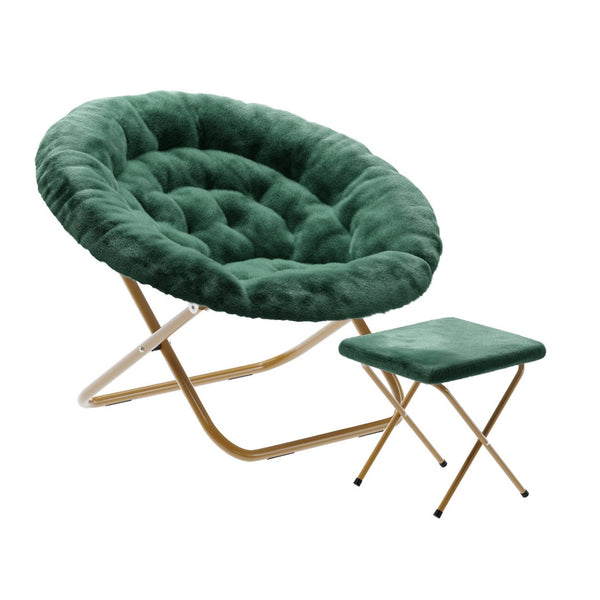 English Elm Gwen Oversize Portable Faux Fur Moon Chair Set with Folding Ottoman for Ultimate Comfort & Style Emerald Fabric/Soft Gold Frame FV-FMC-025-FR-EMRLD-SGD-GG