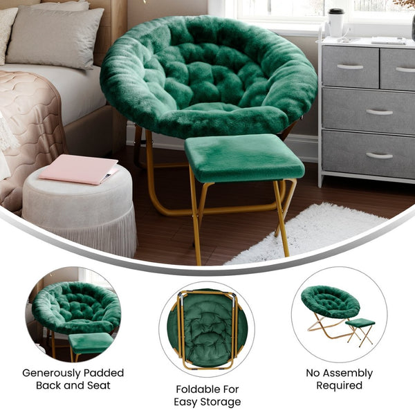 English Elm Gwen Oversize Portable Faux Fur Moon Chair Set with Folding Ottoman for Ultimate Comfort & Style Emerald Fabric/Soft Gold Frame FV-FMC-025-FR-EMRLD-SGD-GG
