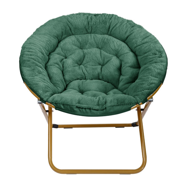 English Elm Gwen Oversize Portable Faux Fur Moon Chair Set with Folding Ottoman for Ultimate Comfort & Style Emerald Fabric/Soft Gold Frame FV-FMC-025-FR-EMRLD-SGD-GG