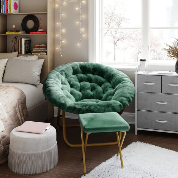 English Elm Gwen Oversize Portable Faux Fur Moon Chair Set with Folding Ottoman for Ultimate Comfort & Style Emerald Fabric/Soft Gold Frame FV-FMC-025-FR-EMRLD-SGD-GG