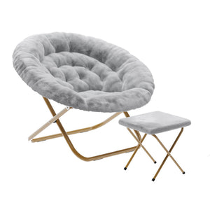 English Elm Gwen Oversize Portable Faux Fur Moon Chair Set with Folding Ottoman for Ultimate Comfort & Style Gray Fabric/Soft Gold Frame FV-FMC-025-FR-GY-SGD-GG
