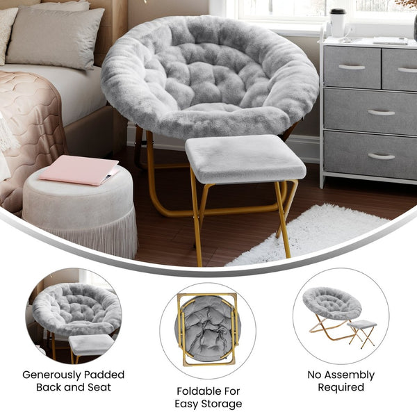 English Elm Gwen Oversize Portable Faux Fur Moon Chair Set with Folding Ottoman for Ultimate Comfort & Style Gray Fabric/Soft Gold Frame FV-FMC-025-FR-GY-SGD-GG